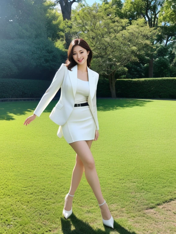  hyperrealistic 8K,  ultra-high definition and realistic depiction , I'm wearing , fashion photography, Full body leg shot , A Japanese woman is standing, Vintage and beautiful Japanese female models,  full-body image of a Japanese woman in an empty park , Hands behind the body,  wearing a strict white business suit , I'm wearing a short white tight skirt ,  brown ankle strap pumps in a nice, fresh park, Seductive figure ,  smooth skin, Delicate makeup,  beautiful face, Smiling, A Japanese woman with a clean face, The eyes of the audience , My eyes are very well-balanced ,  lights ,  thin waist,  thin thighs, Thin legs