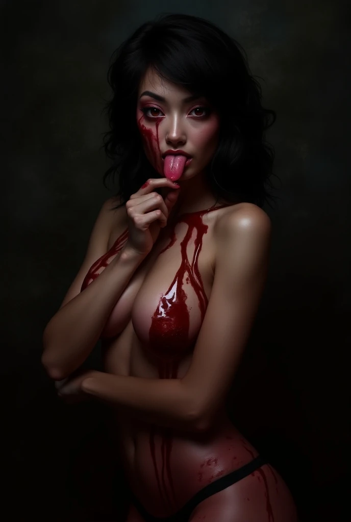 Nude vampire girl long fangs bright red eyes pale ghostly skin touching self and breasts sensually blood splatter masturbation blood running down face