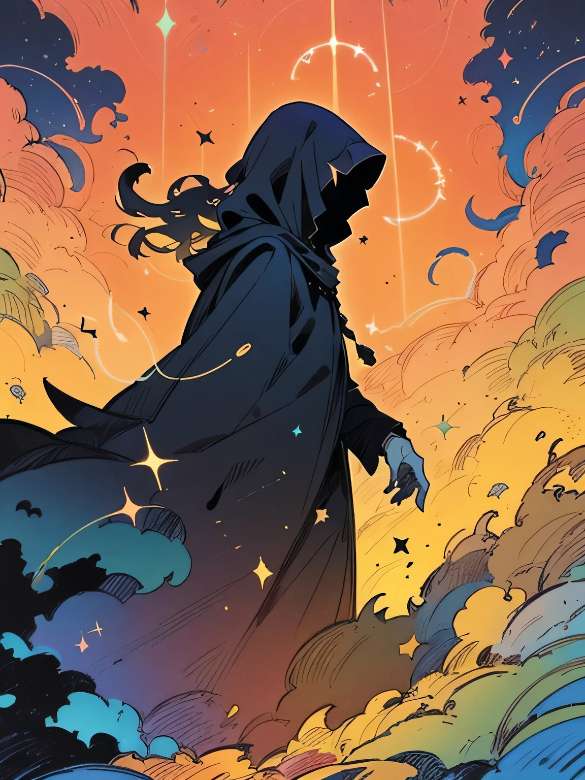 (undersideview,),solo,(nazgul),(Dropping breadcrumbs), traveling in the forest,weigh on a the Scales balance,balance pan,legend movement,A runaway constellation, a legendary scene, I am the main character, a rainbow-colored aura, a trajectory of flying lights, (manga style),(sketch),(illustration),