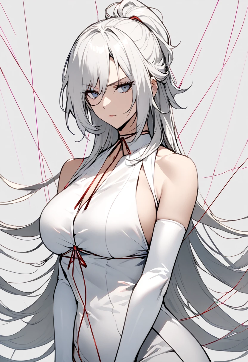 mature female, voluminous hair tie up for half updo, white hair, slim, breasts, elbow gloves, tsurime, expressionless, ((thread, like a marionette, manipulated)