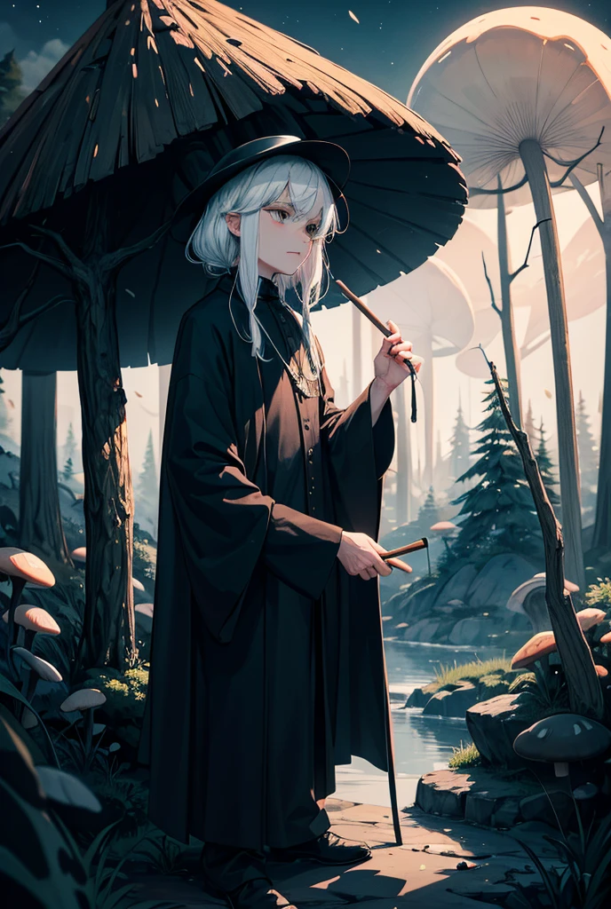 Anime Figures，Dark Villain,Long hair flutters，Grey Hair,  Cool droopy-eyed woman, tobacco, Thick fog around,4K