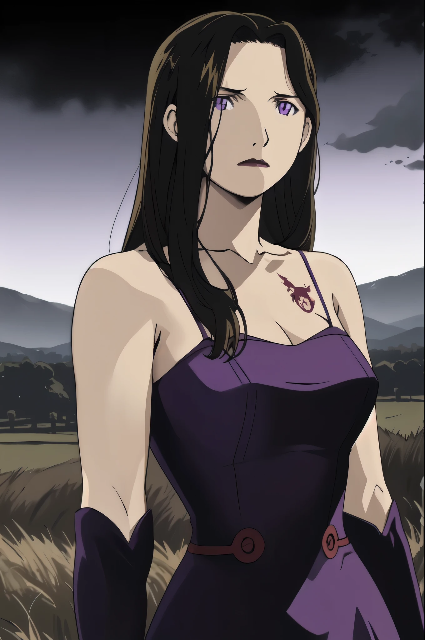 Fmasloth,  purple _ dress, sleeveless  dress,  bare shoulders, Bareneck,  gloves that go up to the upper arm,  dark brown hair , Long Hair,  purple  eyes, masterpiece,  best quality,  absurd,  Viewers,  Confident Expressions , rural background ,  Fullmetal Alchemist Aesthetics, Dramatic atmosphere