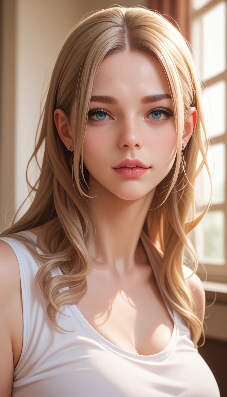 masterpiece、top-quality、1 girl in、A slight smil、a blond、blue eyess、A detailed eye、long lashes, makeup, perfect cleavage, perfect breast,!collarbone visible、beautiful countenance、de pele branca,8k,RAW photo,(photo realistic:1.2),The upper part of the body、Camisole Dresses、Western-style room