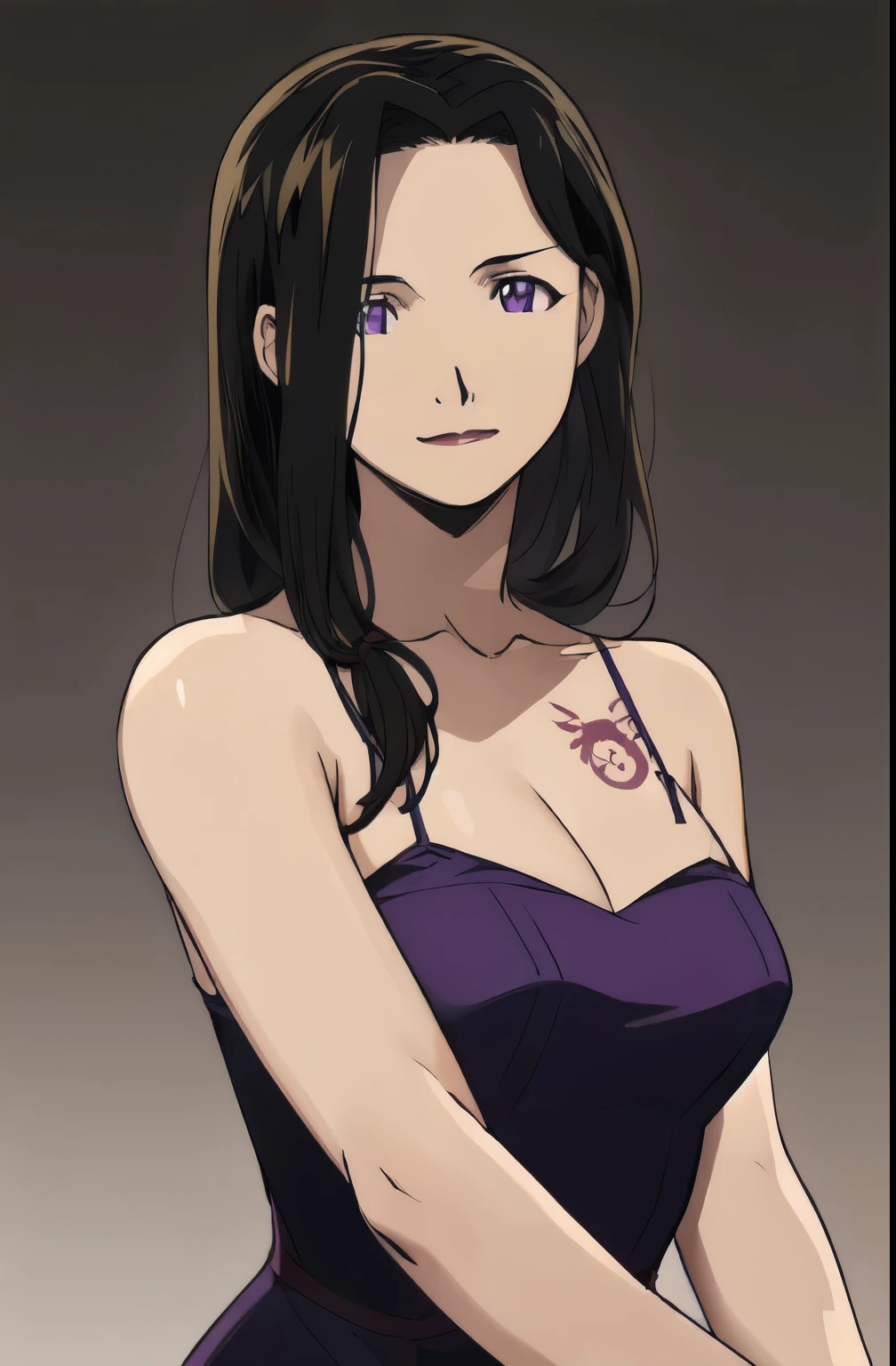 Fmasloth,   purple  _  dress, sleeveless   dress,   bare shoulders, Bareneck,  extend to the upper arm ,   dark brown hair  , Long Hair,   purple   eyes, masterpiece,  best quality,   absurd,  Peering into the audience、,     sweet expressions that make your breasts look bigger   ,   faint smile  , Countryside Background,   Fullmetal Alchemist Aesthetics ,  Arms outstretched、My chest looks bigger 、slouch
