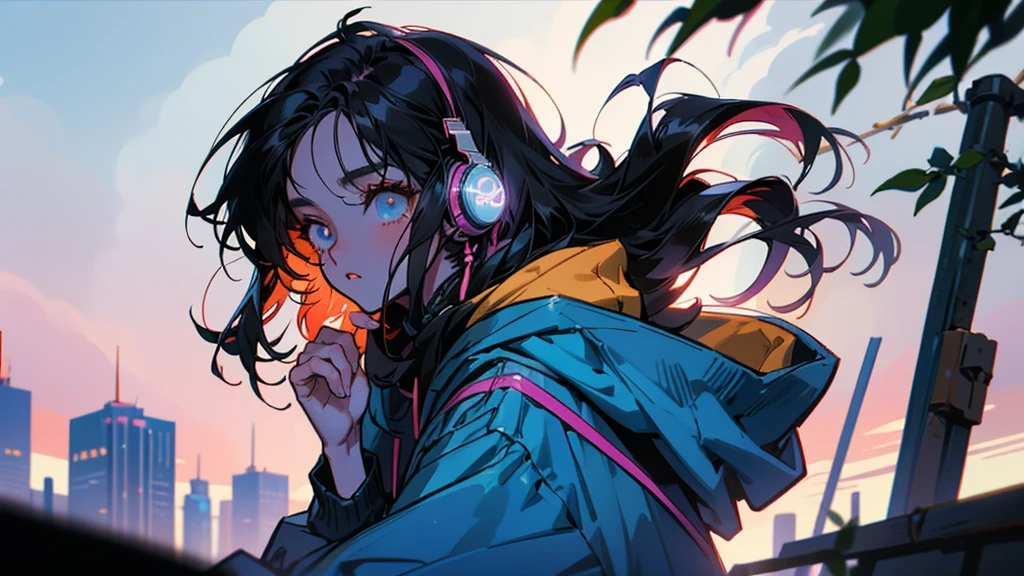 "80s anime style, featuring a single character: a beautiful adult woman with long, straight black hair, wearing a trendy hoodie. She is listening to music with headphones, bathed in the soft, dramatic glow of the morning sunlight, creating a cinematic and introspective atmosphere."