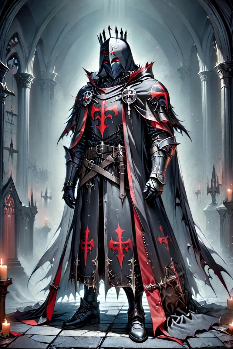  Templars , male, Red Eyes, Wearing a hood, Wearing armor,Dark knight cloak style ,  background dark dark dark church,Full body picture.  height detail 