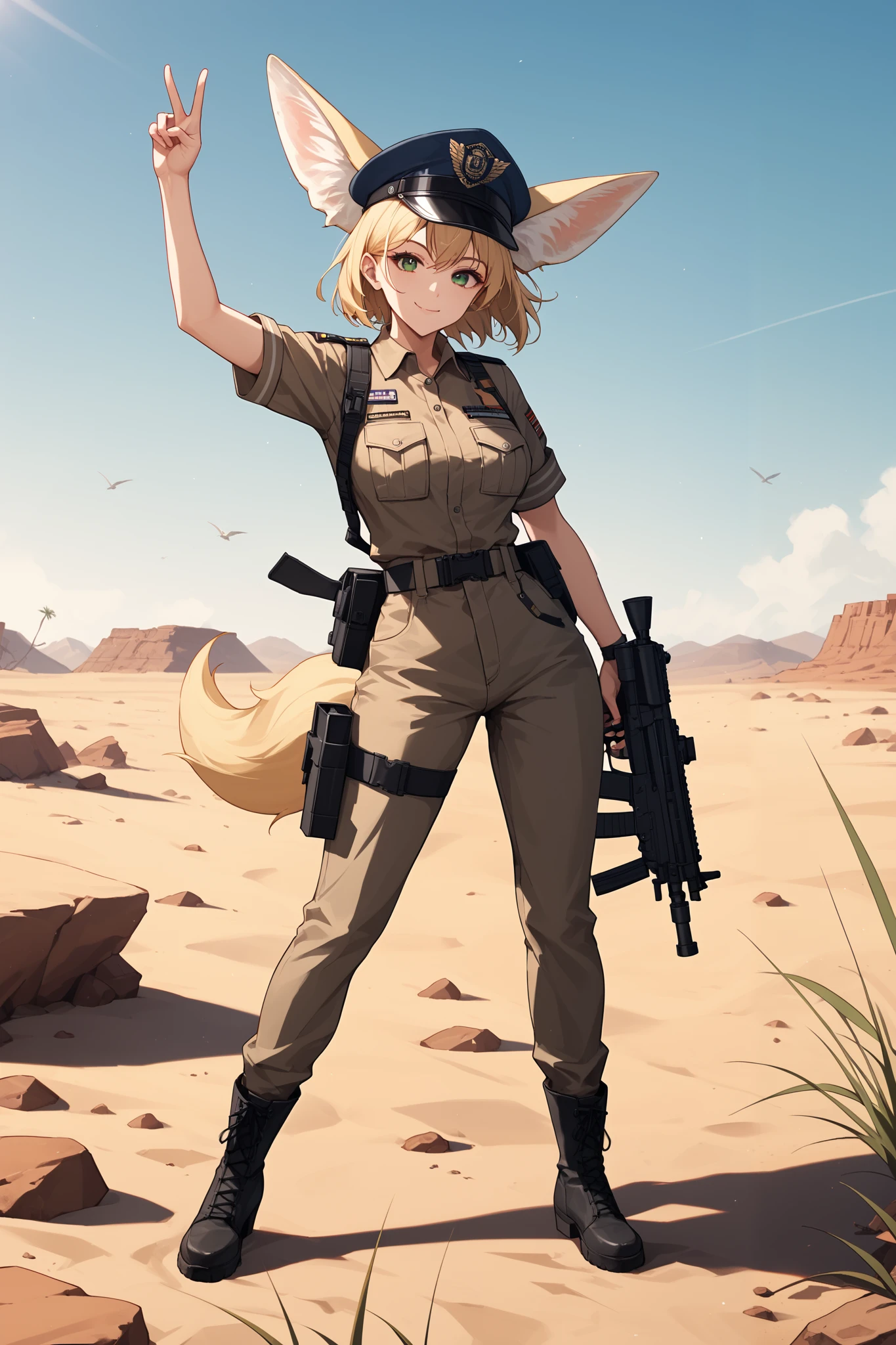 (masterpiece, best quality), (score_9,score_8_up,score_7_up), (highly-detailed), 
(solo, ((1girl)), (human, 18 years old), ((short hair)), (ashen blonde), ((stylish asymmetrical short hair)), (greyish-olivegreen eyes), (((fennec ears)), ((1 fennec tail))), ((cute, slim, fit)), (cute face), (white skin, german), closed mouth, [cute fox canine fang], (mouth closed), confident smile, (wielding 1 submachinegun), joyful, 
confident, happy smile, (german Afrika Korps desert naziofficer uniform), ((short pants, thighs)), boots, desert googles, [Afrika Korps german officer cap], (cool modern dance), dancing, outdoors, ((desert, scarce vegetation)), (dreamy sunset), dunes and rocks, (abandoned bunker exterior),  
(animal fennec companion:1.4), 