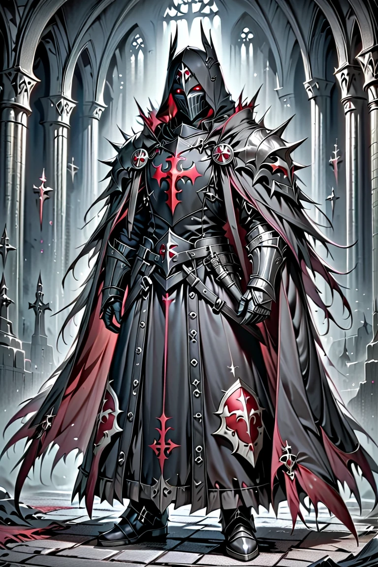  Templars , male, Red Eyes, Wearing a hood,  wears heavy armor,Dark knight cloak style ,  background dark dark dark church,Full body picture.  height detail 