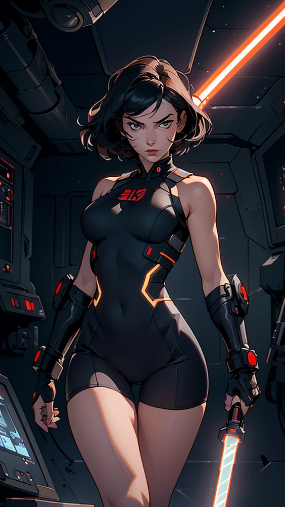 (((Black and red))), ((best qualityer)), (((Venom outfit))), (((slim))), (Muscles), (((fit body armor suit))), ((Perfect masterpiece)), (detailded: 1.4), (absurdrez), (((long hair with heavy bangs covering the entire forehead))), (((full body fitness, Venom symbol)), (((short hair woman, blushful))), 21 year old woman, beautiful sexy woman, giant robot pilot, wild with perfect corpo fitness, wearing small mecha battle armor clothes, tiny thong, Shonen manga style, clothing with Japanese cyberpunk graphic patterns, Halftone pattern and vertical stripes, earth tone, exiting the body of a giant robot, (((cowboy shot)))