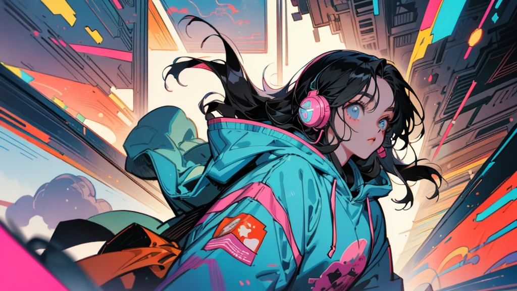 "80s anime style, featuring a single character: a beautiful adult woman with long, straight black hair, dressed in a trendy hoodie. She is listening to music with headphones in daytime Tokyo, surrounded by a bright and lively atmosphere, evoking a serene yet modern vibe."