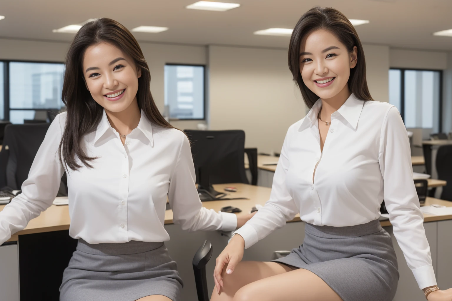 (( best quality, 8k, Masterpiecedetails,  ultra high resolution)), ( stares at viewers), ( full shot :),  Attractive Business 5 Mature Women , 5 people, A little thick:0.25,  White Collared Shirt ,  gray skirt , ( sitting cross-legged at office desk)), smile, CEO Office ,