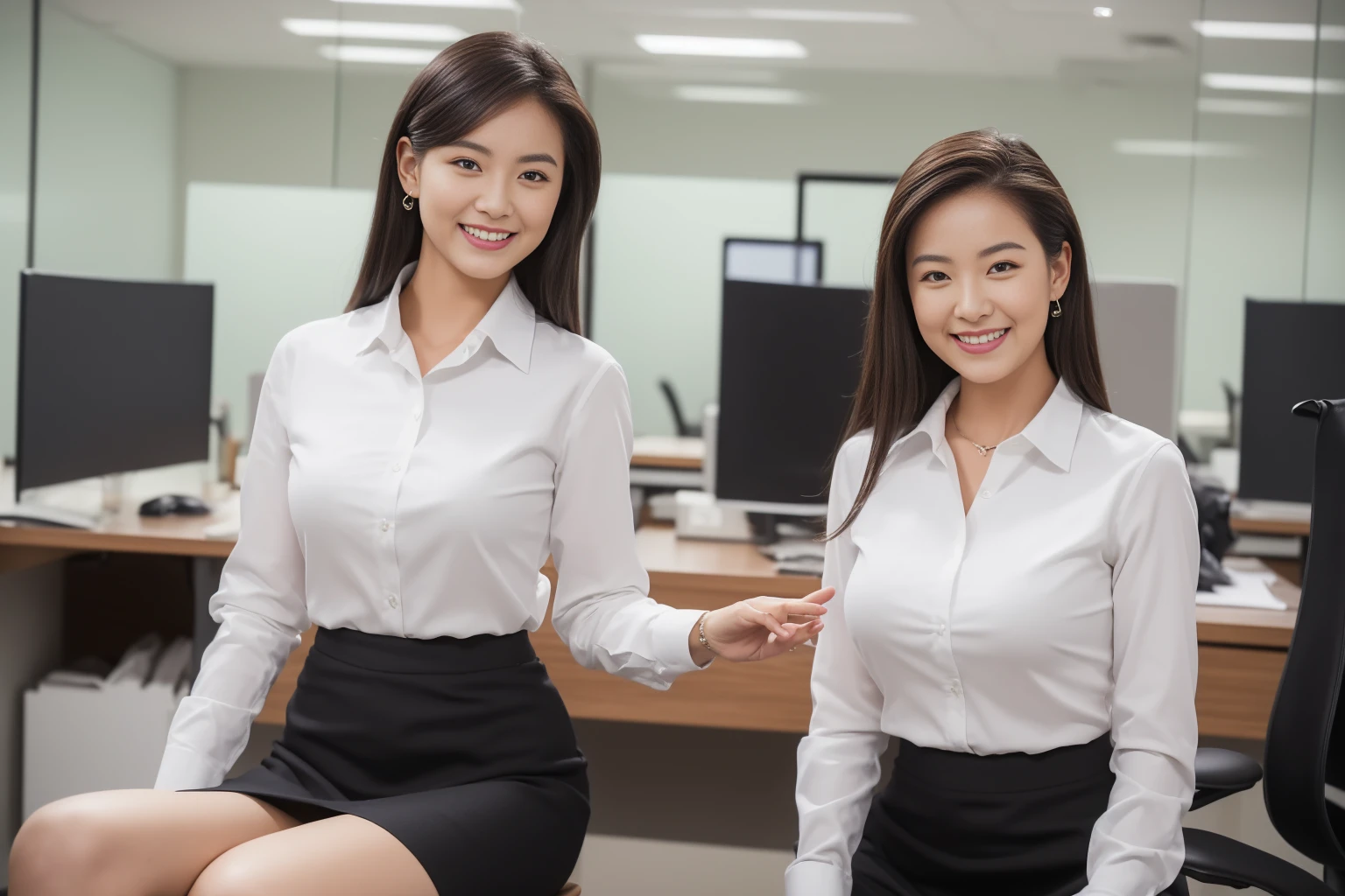 (( best quality, 8k, Masterpiecedetails,  ultra high resolution)), ( stares at viewers), ( full shot :),  Attractive Business 5 Mature Women , 5 people, A little thick:0.25,  White Collared Shirt ,  gray skirt , ( sitting cross-legged at office desk)), smile, CEO Office ,