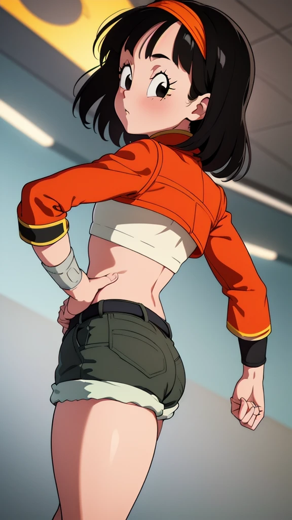 (  masterpiece,   hand on hip {x}  hand on hip {x} best quality), 1fille, pan,1fille,Alone,cheveux courts,fringe,  black hair,Orange band  , belt,crop top,red jacket, crop removed,shorts verts,turtleneck, of the, back view, Fesses, 12
 ans, 