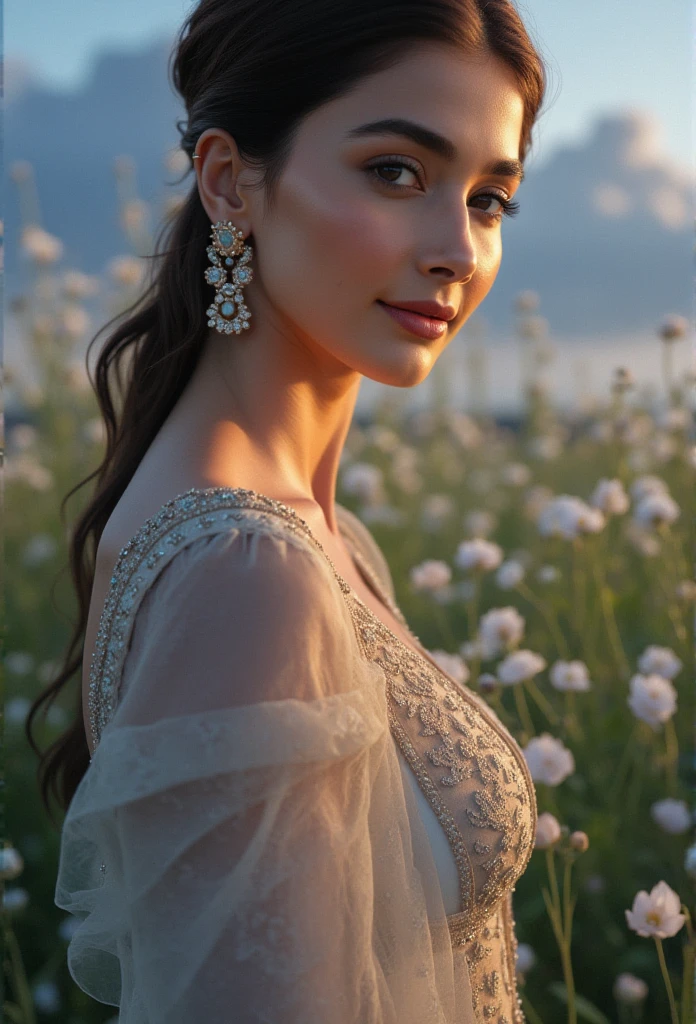 masterpiece, best quality, 1girl, (colorful),(finely detailed beautiful eyes and detailed face),cinematic lighting,bust shot,extremely detailed CG unity 8k wallpaper,,solo,smile,intricate skirt,((flying petal)),(Flowery meadow) sky, cloudy_sky, building, moonlight, moon, night, (dark theme:1.3), light, fantasy,pooja1