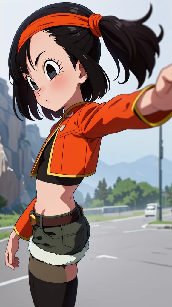 meilleure qualité), 1fille, pan,1fille,seul,cheveuX courts,frange, cheveux noirs,Bande orange , ceinture,crop top,veste rouge, crop removed,shorts verts,col roulé, de la, back view, Fesses, 12
 ans, dos