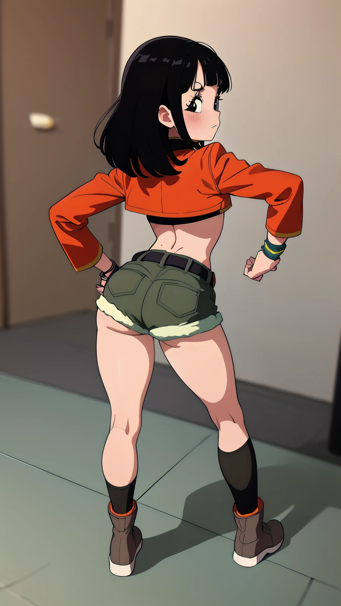 ( masterpiece,  hand on hip {x} best quality), 1fille, pan,1fille,Alone,cheveux courts,fringe, black hair,Orange band , belt,crop top,red jacket, crop removed,shorts verts,turtleneck, butt, back view, fesses, of the, whole body