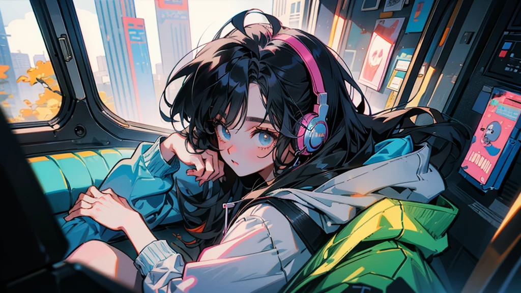 "80s anime style, featuring a single character: a beautiful adult woman with long, straight black hair, wearing a trendy hoodie. She is listening to music with headphones, bathed in sunlight, with a bright and simple atmosphere."