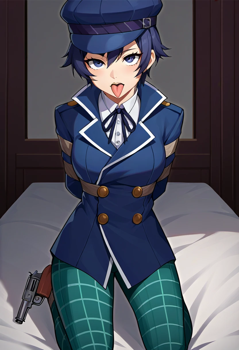 score_9, score_8_up, score_7_up, source_anime, solo, 1girl, naotodetective, expressionless, looking at viewer, holding gun, holding revolver, cabbie hat, blue coat, buttons, neck ribbon, long sleeves, green pants, plaid, looking at viewer, on the bed, on knees, spread legs, , bound, bondage, (arms behind back:1.4), bdsm, grey tape, tape bondage, close-up, restrained, best anatomy, half body, tape wrapped,  tightly bound, 1girl, solo, tongue out, mouth open, ahegao, sexy ahegao eyes