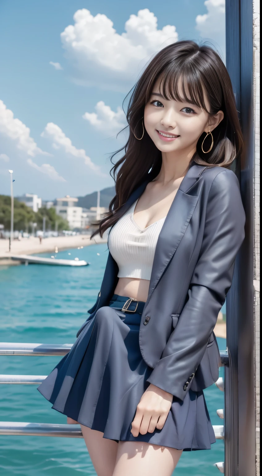Woman standing in the sea as the sun rises、Sea at dawn、(Wearing a navy blue blazer、Wearing a white blouse、Wearing a red flared skirt)、Wearing pumps、The wind is blowing、A bag is hanging from the right shoulder、Beauty、20-year-old、university student、Uniform, cool-looking eyes、Well-balanced proportionedium build、Small face、Small breasts、Small Ass、The neck is short、Uniform left and right eyes、, black hair, long hair, messy hair, floating hair, earrings, parted lips, happy, seductive smile, symbol-shaped pupils, Surrealism, Verism, cinematic lighting, first-person view, f/1.2, Nikon, UHD, best quality, highres, 8k, anatomically correct, textured skin, high details