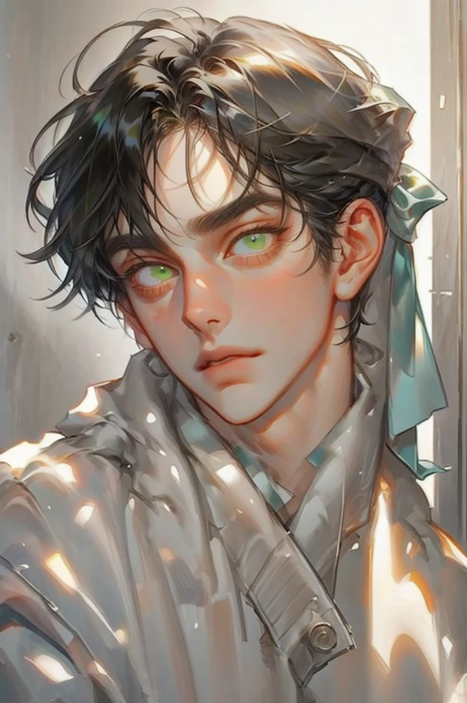 masterpiece, best quality, Detailed Eyes, 1 man, handsome, tall, fit, black hair, green eyes, bust, bust, artist:fashionable,  wearing multiple layers of court attire , masterpiece, [20&#39;s, very small head, very small face],  shining eyes , hair over eyes, pale skin, manhood, male, 매우  broad shoulder , Muscular,  broad shoulder , Very wide upper body, cunning, Alone, happiness, smile, baggy shirt, black shirt,
Looking at viewer ,  dynamic composition ,
(Long shot view  :1.1)
