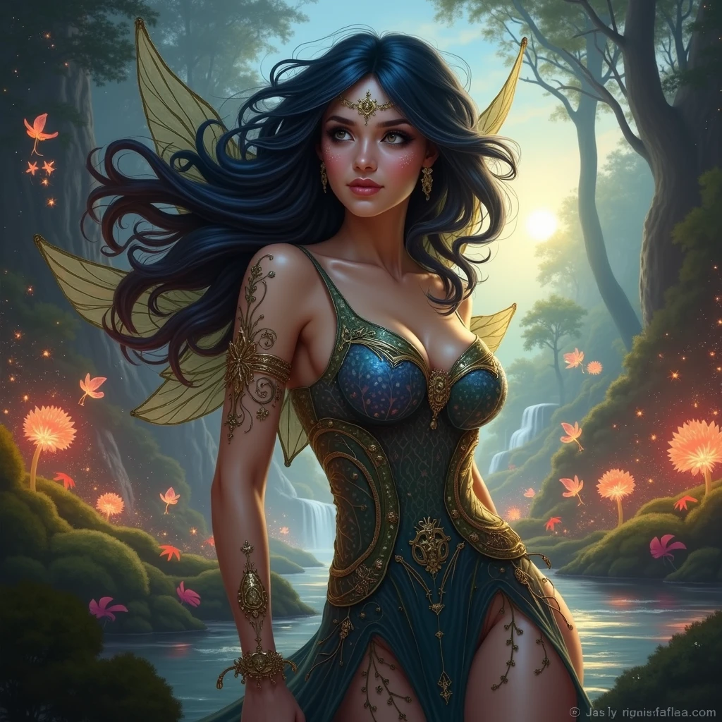 beautiful busty asian elf woman druidess priestess sorceress witch vine tattoo earthy forest magic fae feline sparkling firefly dragonfly