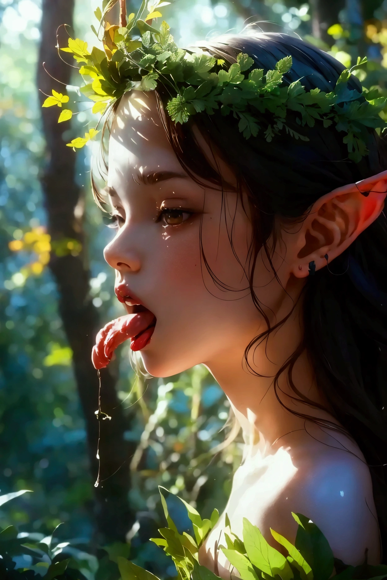 Full body mirroring，A sexy naked forest fairy ，Is masturbating with her tongue.