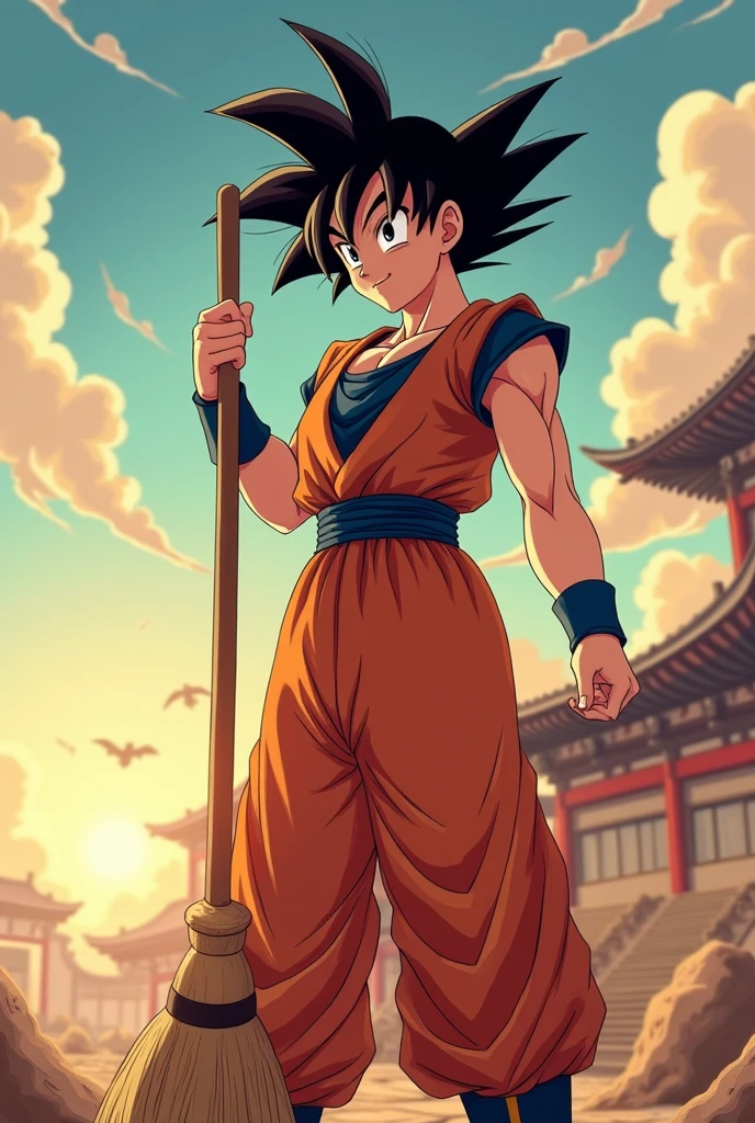 Goku version of a woman rubbing a broom on her thighs 