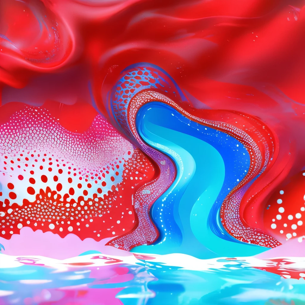 Fluid art, ３Color layer 、Red polka dots from below the surface layer of the pink and blue gradation、Red polka dot has a golden outline 