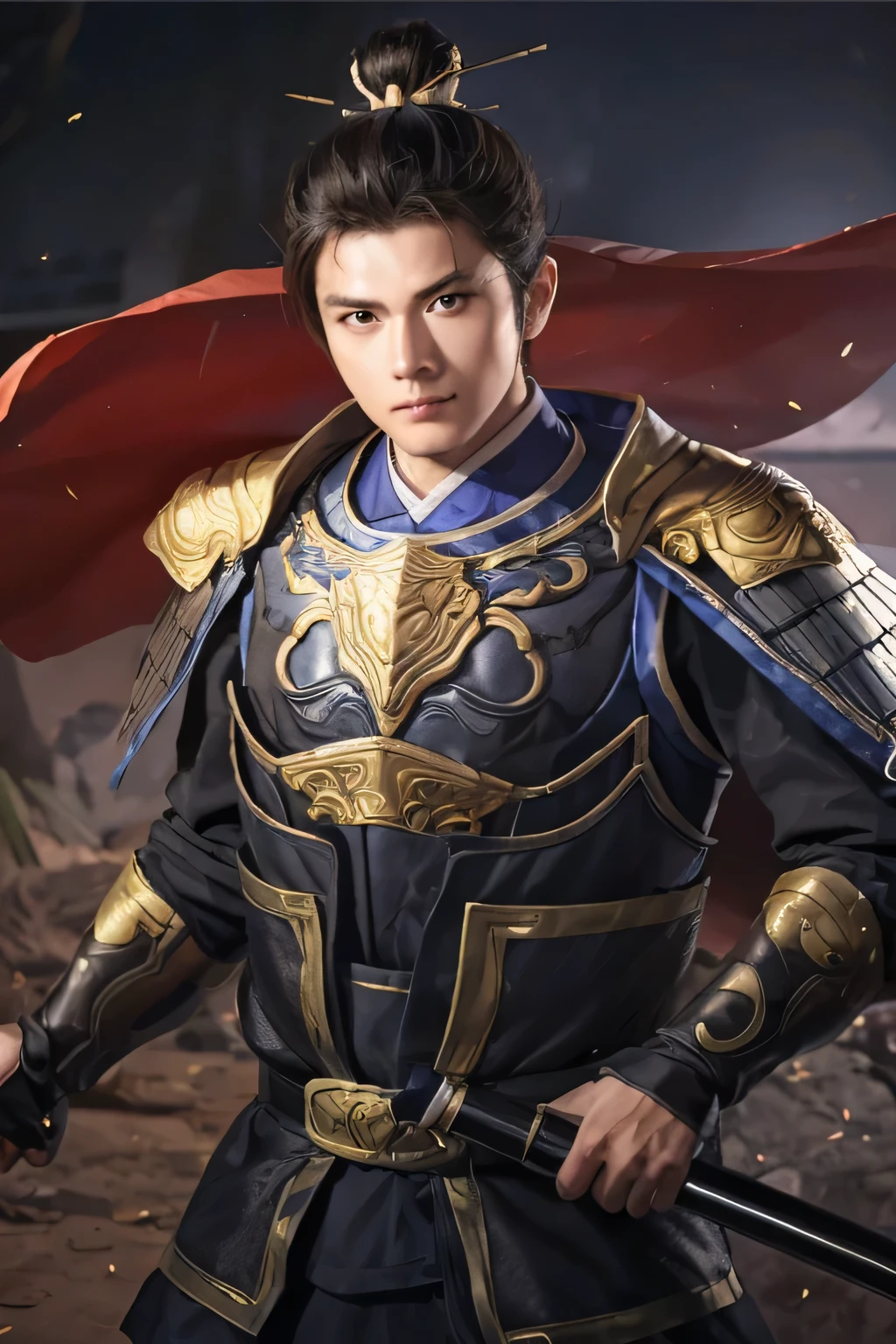 18 year old slim Chinese man, slim middle aged man,realistic,chinese_Armor,alone,Background of ancient chinese cities,detailed_eye,shoulder_Armor,(검은 eye),looking at viewer,(masterpiece:1.2), (best quality:1.2), perfect eye, perfect face, perfect lighting, (8K),(complete anatomy), Nee Shot