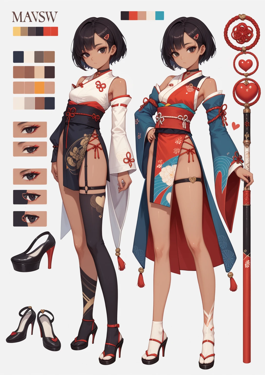 1 female martial artist,Wear kung fu cheongsam and red ribbons,naked leg,high-heels,Wearing a metal fist scalp mask,concept-art,full bodyesbian,The front of the same character, Side, back,(tmasterpiece:1.2),(best qualtiy:1.3),standing on your feet