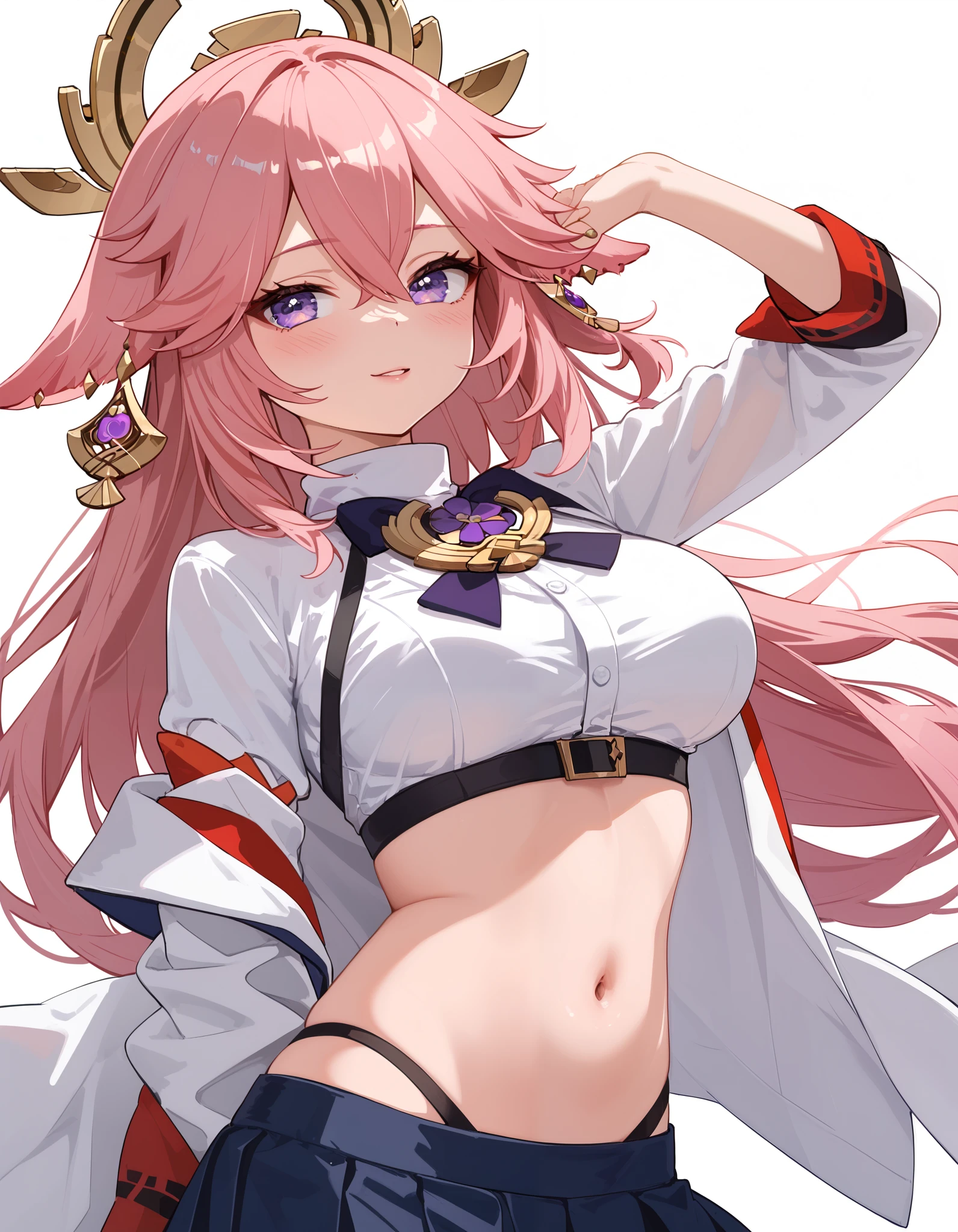  highest resolution ,Best Quality,masterpiece, Genshin Impact,yae miko, huge ,Big Breasts, sexy,おbelly button,belly button, white background, fashionable,cute,Beauty,White background,White background,stomach,stomach,Waistline,Naughty and spiral eye spin