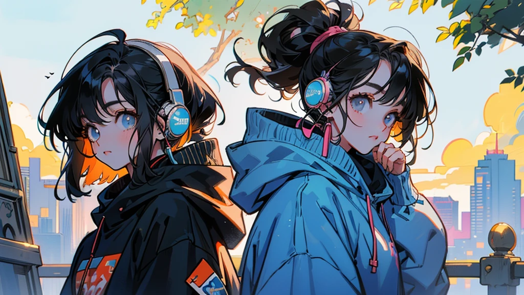 "80s anime style, featuring a single character: a beautiful adult woman with long, straight black hair, wearing a trendy hoodie. She is listening to music with headphones, basking in sunlight under a bright sky, creating a simple and cheerful atmosphere."