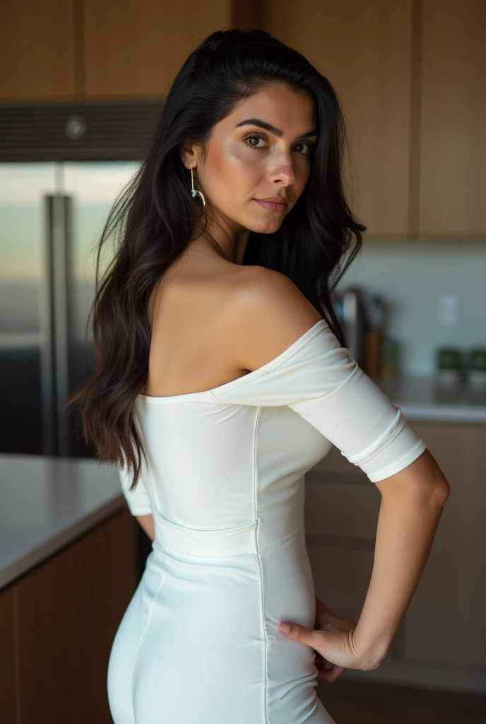 ((((Mary Alto)))), 22 years old, a sexy-curvy woman, long black hair, stands in a large kitchen, wearing a white, tight, long dress with half sleeves and a wide neckline, standing in a large kitchen, wearing a white, tight long dress with half sleeves, wide neckline, photo from the side, she is looking at the viewer