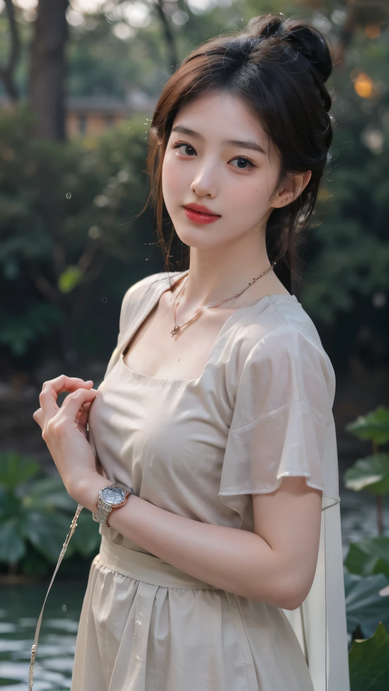 ((best quality)), ((masterpiece)), (detailed), perfect face (8K分辨率,close-up all over the body),(1womanl,18yr old,((Soft and cute,s delicate face,详细的脸),confident smile),Fair ,(Best Skin Type:1.21),(Vintage bun,Exaggerated traditional hairstyle,Pair it with extremely complex headgear),((High-end Hanfu skirt,Luxurious full-breasted skirt,Collared skirt,(materpiece:Chiffon,Silky,thin,softness)),Elongated earrings,(Girl in a sea of flowers,Natural dependence,Naturally placed hands),delicate artwork,perfect hand,Ultra-fine clothing material),(lakeside,Peach blossom forest full of flowerquisite details of the setting),(Professional lighting,动态照明),((Dignified and elegant,white colors,in pink,cyan colors))),(Golden section,Cinema lenses,Hasselblad photograp,tmasterpiece:1.3),(Fairy style,vintage art,trendsetting,Official propaganda,Art platform)