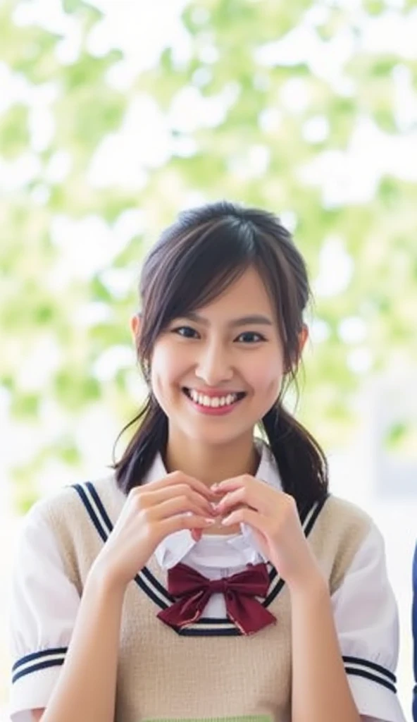 A cute high school girl with a joyful expression, wearing a traditional Japanese school uniform (sailor-style), standing and making a heart shape with her hands in front of her chest. She has medium-length black hair, slightly wavy, and her bangs gently frame her face. The background is a bright, sunny day with a soft blur effect, creating a gentle bokeh behind her. The photo is in a realistic style, capturing her in a natural, happy moment as if taken by a professional photographer. The lighting is soft and flattering, highlighting her youthful skin and vibrant energy. 
