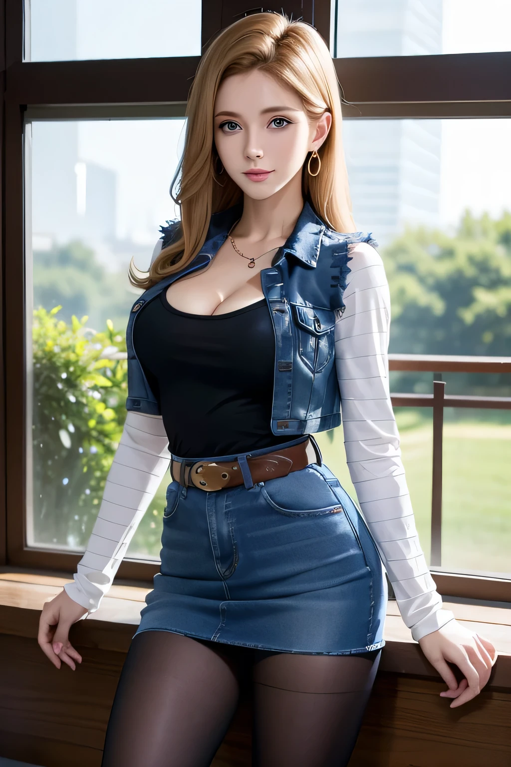 One girl wears a denim mini skirt, She wears a Black T-shirt with high cleavage, Standing in front of the window, Young beautiful amouranth, hyper realistic anime, seductive anime girl, perfect android girl, Android 18, Wind perm hair, Light Blonde hair, Blue Transparent eyes of Slavic Caucasians, She has sexy double eyelids above and below her eyes, The flash in the eyeballs is brilliant, Wearing round earrings, Tight Long sleeves with black stripes on a white background, Blue denim mini vest, Blue denim mini skirt, The denim skirt's zipper seam line and stitching run vertically straight to the bottom of the skirt, Open-chested denim vest, Large breasts, Women's Western Cowboy Belt, Brown see-through pantyhose, Western short boots, Looking at viewer, Her whole body is visible on the screen, Her entire body is visible on the screen, from her head to her boots, On a bench, Slight smiling with closed lips standing next to bench , Blue sky, , outside, park, grass, Summer, trees, blue sky, high quality, masterpiece,