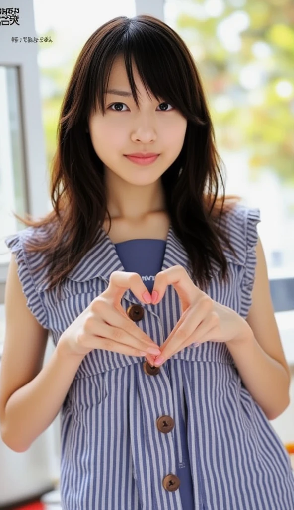 A cute high school girl with a joyful expression, wearing a traditional Japanese school uniform (sailor-style), standing and making a heart shape with her hands in front of her chest. She has medium-length black hair, slightly wavy, and her bangs gently frame her face. The background is a bright, sunny day with a soft blur effect, creating a gentle bokeh behind her. The photo is in a realistic style, capturing her in a natural, happy moment as if taken by a professional photographer. The lighting is soft and flattering, highlighting her youthful skin and vibrant energy. 
