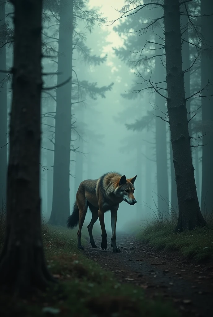 "A lone, emaciated wolf wandering in a dense forest. The wolf’s body is thin, covered in ragged fur, and it walks slowly with a tired and faltering pace. The forest is dark and mysterious with thick mist swirling among the towering trees. The light is dim, with only a few rays of sunlight breaking through the trees above."