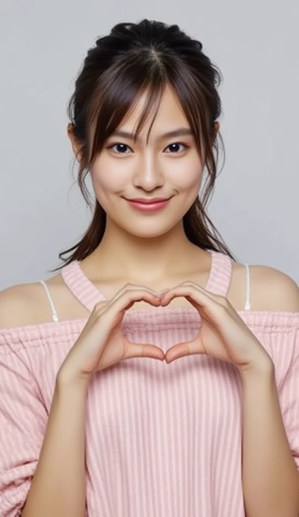 Only one woman with a cute smile wears cute, fluffy off-shoulder pajamas, makes a big heart shape with both hands, and poses them in front of her chest, View above collarbone、The background is a monotone 

