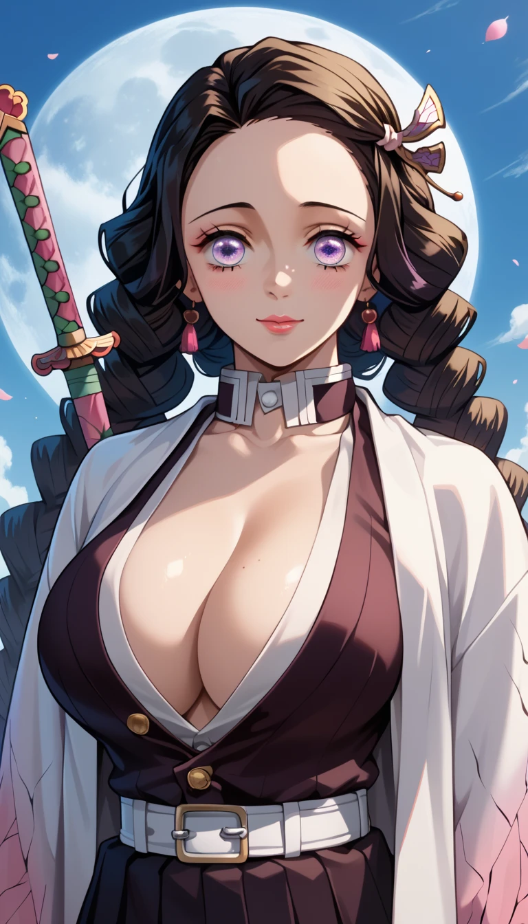 Anime character with long hair holding a sword in front of a full moon, cute face in Demon Slayer art, Kimetsu no Yaiba, inspired by Demon Slayer, Yoriichi Tsugikuni, Demon Slayer Artstyle, Demon Slayer anime image, Tanjiro Kamado,Score_9, Score_8_up, Score_7_up, Score_6_up, Score_5_up, Score_4_up, Source_anime, Tag1, Tag2, Quality_masterpiece, Anatomically correct, Beautiful face, Perfect face, Highly detailed beautiful face and eyes, Attractive face, Detailed face, Delicate facial features, Detailed skin, Huge breasts, Sensual woman, Mature female, Milf, Motherly, Elegant, Glamor, Bitch, Slut, Whore, Voluptuous, Seductive, , Love handle, Curvy, Plump, 