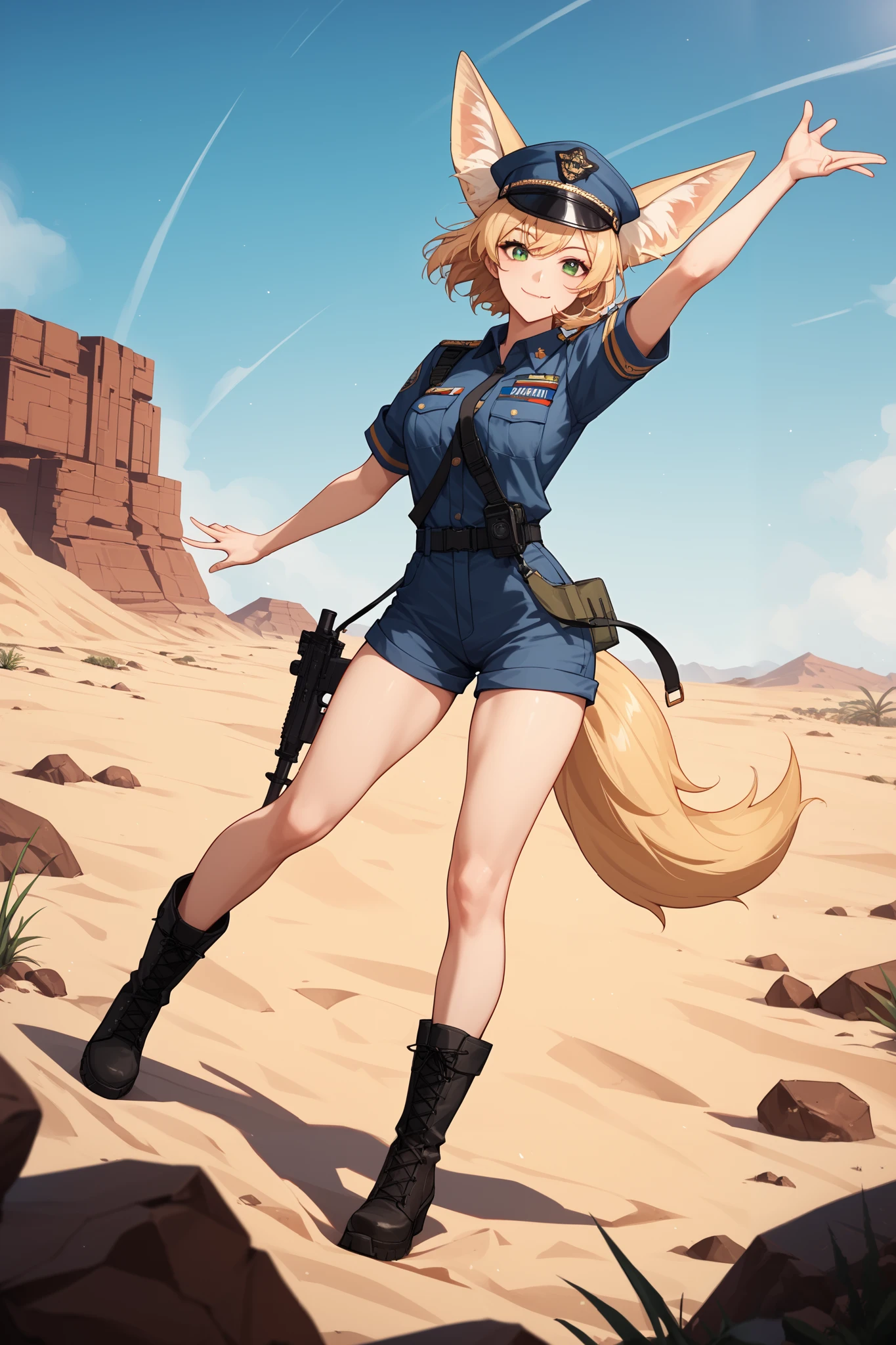 (masterpiece, best quality), (score_9,score_8_up,score_7_up), (highly-detailed), 
(solo, ((1girl)), (human, 18 years old), ((short hair)), (ashen blonde), ((stylish asymmetrical short hair)), (greyish-olivegreen eyes), (((fennec ears)), ((1 fennec tail))), ((cute, slim, fit)), (cute face), (white skin, german), closed mouth, [cute fox canine fang], (mouth closed), confident smile, (wielding 1 submachinegun), joyful, 
confident, happy smile, (german Afrika Korps naziofficer uniform), (shorts), thighs, legs, boots, desert googles, [Afrika Korps german officer cap], (cool modern dance), dancing, outdoors, ((desert, scarce vegetation)), (dreamy sunset), dunes and rocks, (abandoned bunker exterior),  
(animal fennec companion:1.4), 