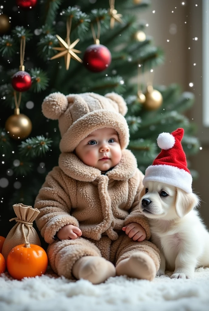 A small baby in a fur coat and a hat, sitting under a Christmas tree, snowfall, tangerines in a string bag,Next to him is a white puppy in a Christmas hat.  winter, realistic photos, beautiful photo. Detailed photos. 