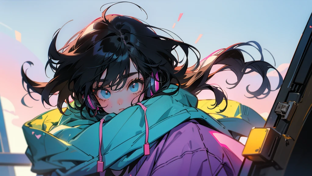 "80s anime style, featuring a single character: an adult woman with long, straight black hair, wearing a trendy hoodie. She is listening to music with headphones, bathed in sunlight under a bright and simple sky, creating a cheerful and lighthearted atmosphere."