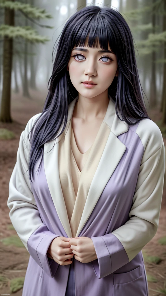 An ultra realistic depiction of Hinata Hyuga from the Naruto series, featuring her distinct lavender-toned eyes with a soft glow due to her Byakugan abilities. She has long, dark indigo hair that cascades down her shoulders, with bangs framing her gentle, determined face. Her expression is calm and compassionate, showcasing her kindness and strength. Dressed in her iconic light lavender and cream-colored jacket with navy accents, she stands against a soft, blurred background of a traditional Japanese village or forest. High-definition textures reveal skin, hair strands, and clothing details. Ultra realistic.High Resolution, Bangs, Black Hair, 