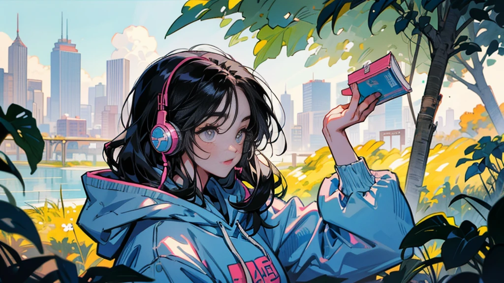 "80s anime style, featuring a single character: an adult woman with long, straight black hair, wearing a trendy hoodie. She is listening to music with headphones, bathed in sunlight under a bright and simple sky, creating a cheerful and lighthearted atmosphere."