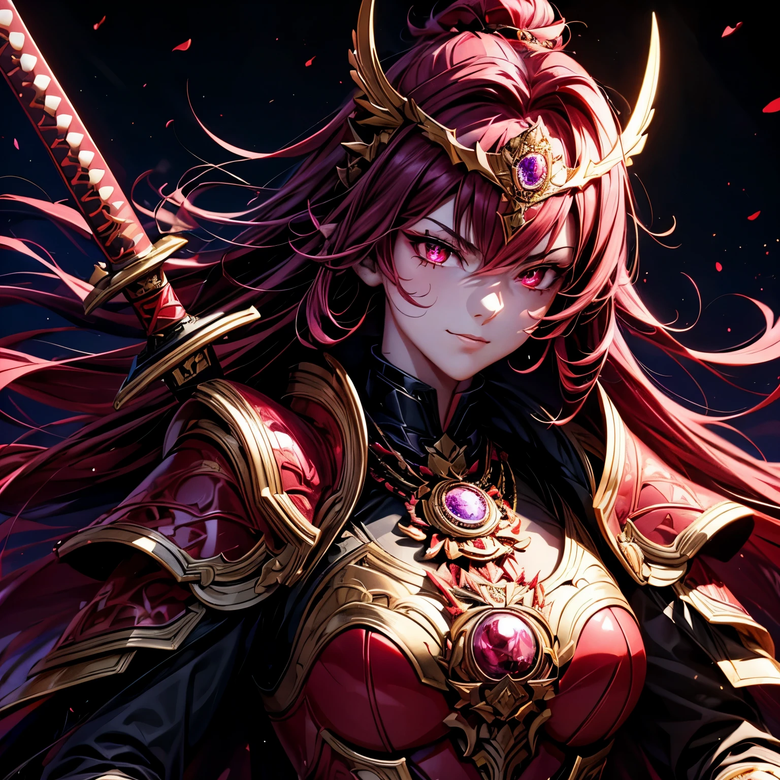 best quality,4K,high resolution),Ultradetailliert,realistisch,portrait, Lila Samurai Sukkubus mit einen katana dunkelrotem Haar, a purple-dark red armor with gold neon lights with gold trim and glowing red eyes, Leuchtende Farben, delicate features, seductive glance, Charming smile, wallende Haare, sanfte Beleuchtung