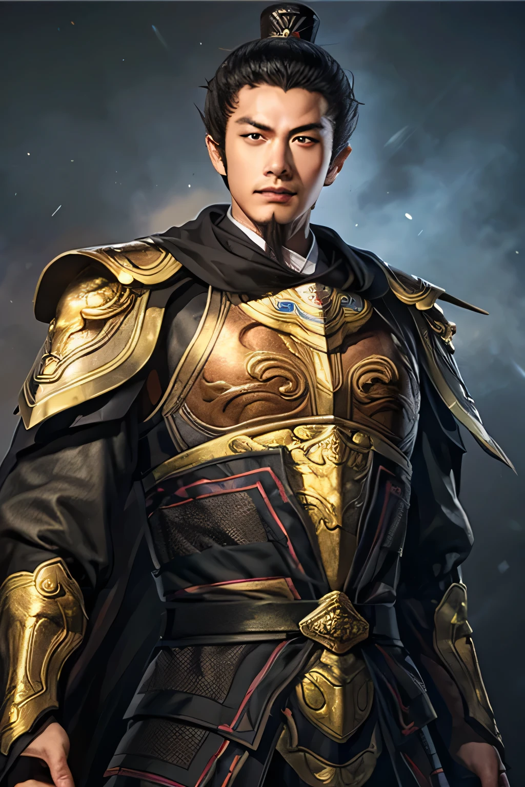 18 year old slim Chinese man, slim middle aged man,realistic,chinese_Armor,alone,Background of ancient chinese cities,detailed_eye,shoulder_Armor,(검은 eye),looking at viewer,(masterpiece:1.2), (best quality:1.2), perfect eye, perfect face, perfect lighting, (8K),(complete anatomy), Nee Shot