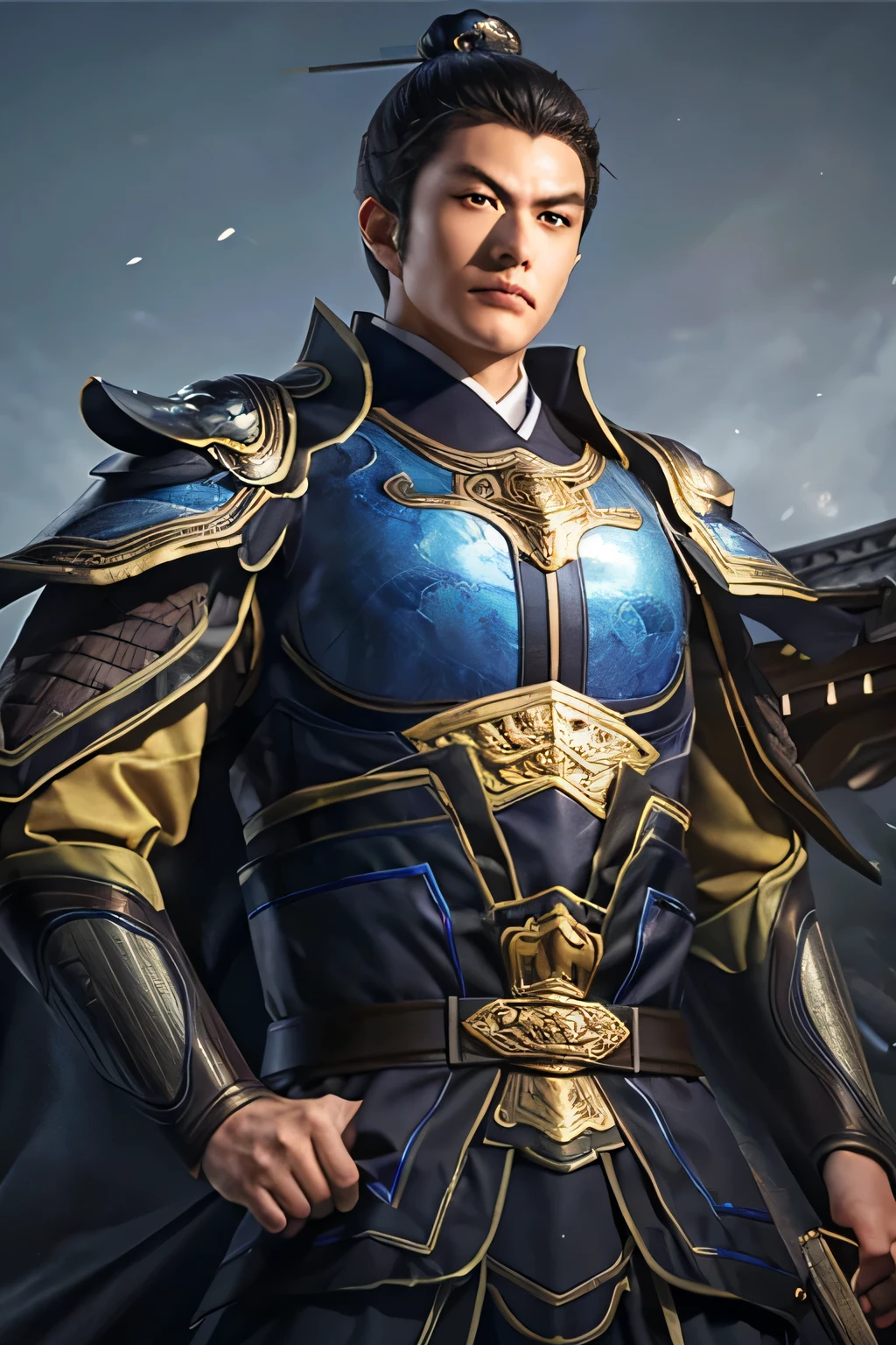 18 year old slim Chinese man, slim middle aged man,realistic,chinese_Armor,alone,Background of ancient chinese cities,detailed_eye,shoulder_Armor,(검은 eye),looking at viewer,(masterpiece:1.2), (best quality:1.2), perfect eye, perfect face, perfect lighting, (8K),(complete anatomy), Nee Shot