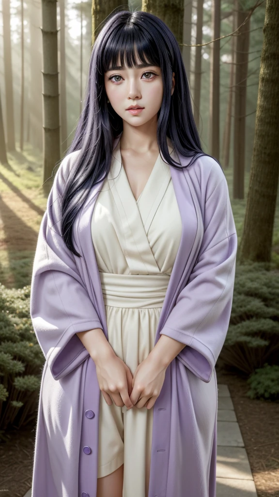 An ultra realistic depiction of Hinata Hyuga from the Naruto series, featuring her distinct lavender-toned eyes with a soft glow due to her Byakugan abilities. She has long, dark indigo hair that cascades down her shoulders, with bangs framing her gentle, determined face. Her expression is calm and compassionate, showcasing her kindness and strength. Dressed in her iconic light lavender and cream-colored jacket with navy accents, she stands against a soft, blurred background of a traditional Japanese village or forest. High-definition textures reveal skin, hair strands, and clothing details. Ultra realistic.High Resolution, Bangs, Black Hair, 