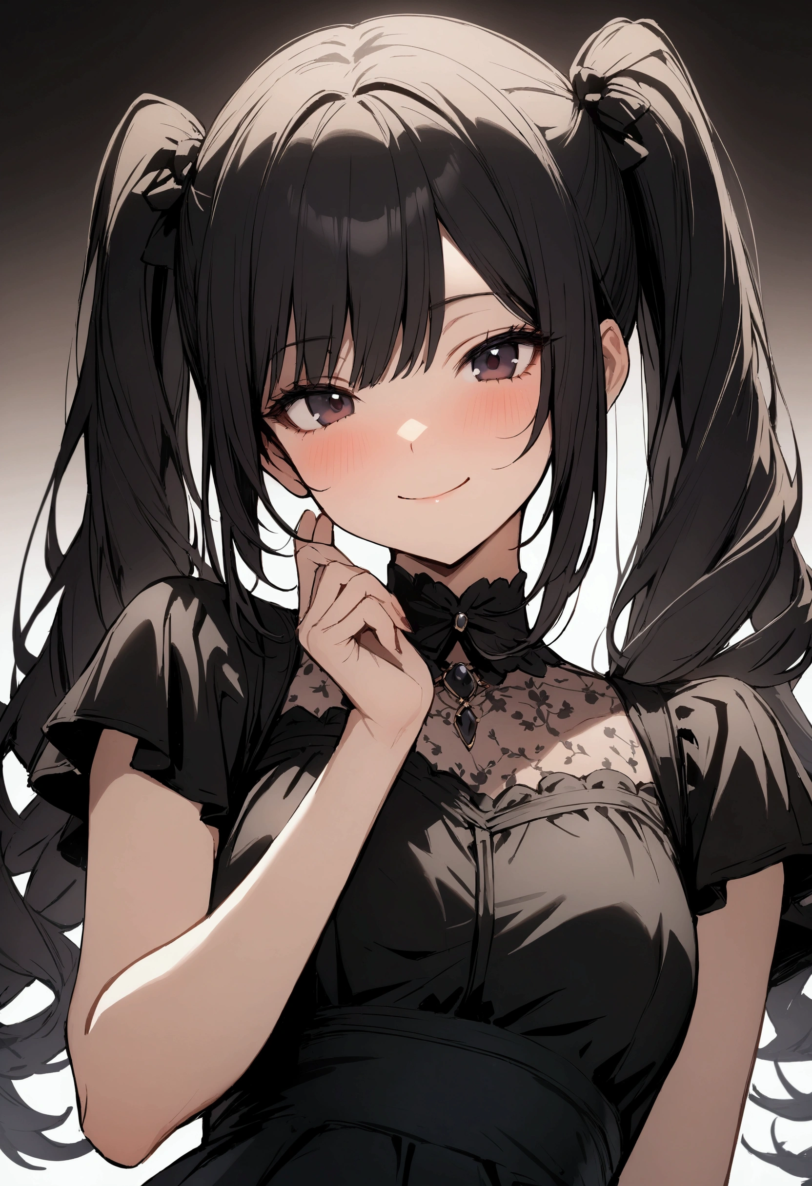 finger to mouth,lick,One hand behind your back,1girl,Beautiful 11 year old girl,teenager,Short,Tiny,Lanky,slender,Slim,small breasts ,from front,front view,looking at viewer, looking ahead,from above,cowboy shot,1girl,Black Hair,Long Hair,straight,two side up,Gray Eyes,Drooping eyes,slit pupils,narrow eyes.Black collar with black leash,Sheer black and toffee pink negligee,lingerie,open mouth,tongue out,front face,Kneeling,Straight Stand,Beautiful and detailed anime art,Mischievous smile,Sexy vibe,cum on tongue,Dimly lit room,On the bed,Simple Background,Gray background,Dim lighting,